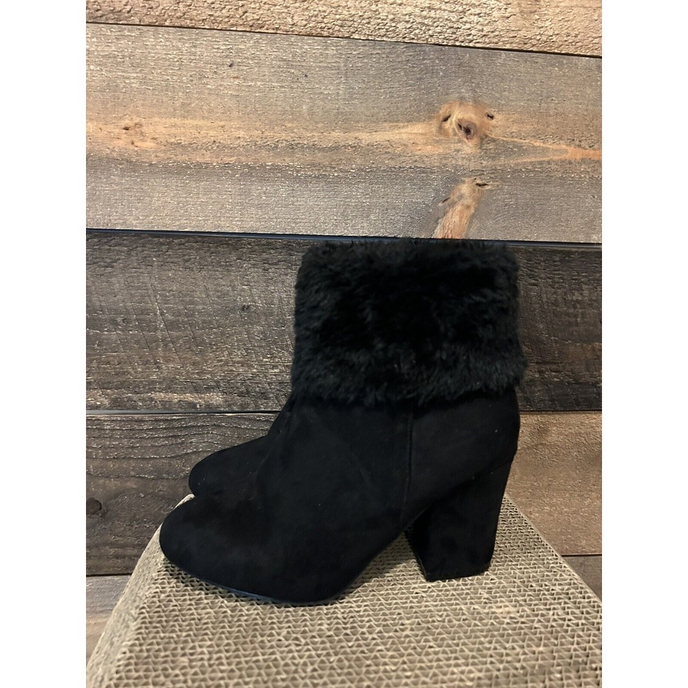 Allegra K Chunky Heel Fur Top Ankle Suede Boot Black Size 6